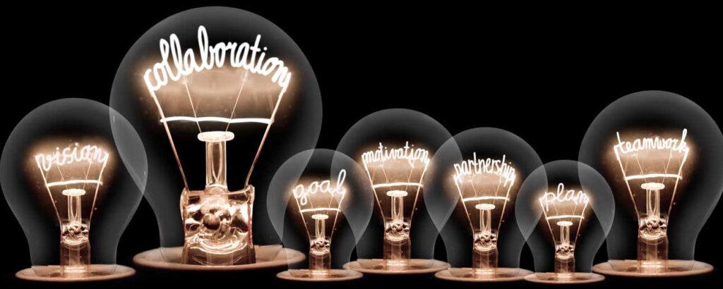 Realizing Aptitudes image of Edison Lightbulbs with inspiring phrases inside, including: collaboration, partnership, teamwork, plan