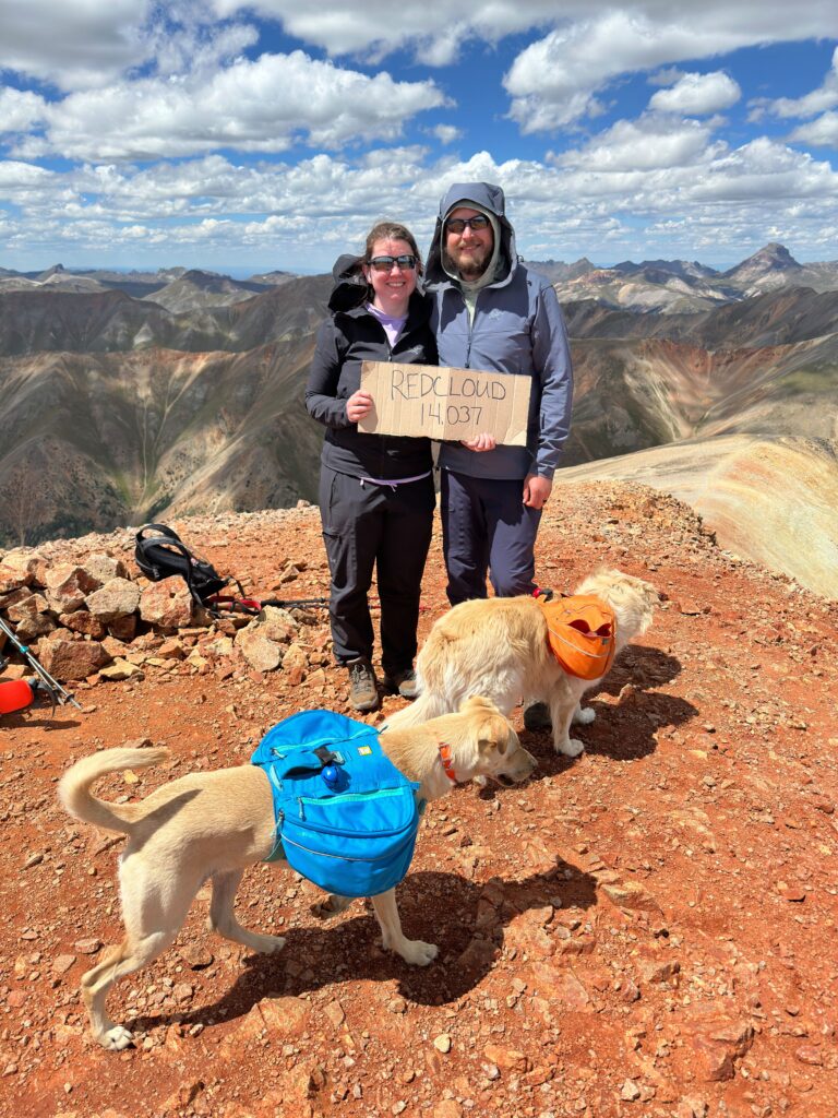 Jennifer and Chad on the summit of Redcloud Peak with their two yellow dogs along with them 